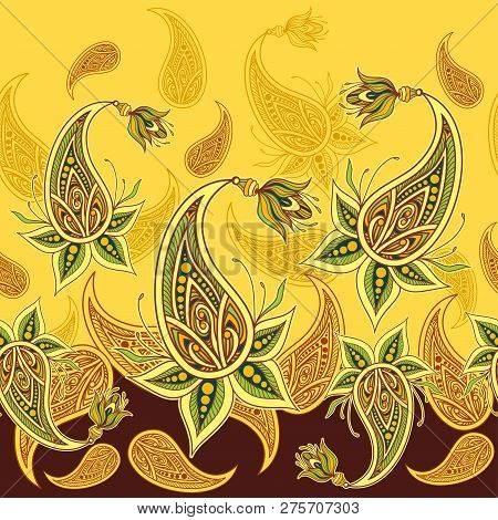Seamless Border Pattern Or Texture With Paisley Yellow  Olive Orange Brown On Orange For Decoration 