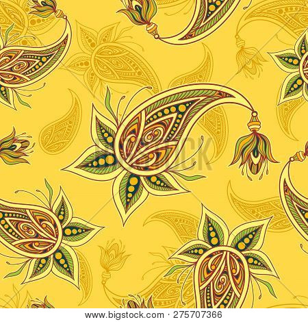 Seamless Pattern Or Texture With Paisley Yellow  Olive Orange Brown On Orange For Decoration Clothes