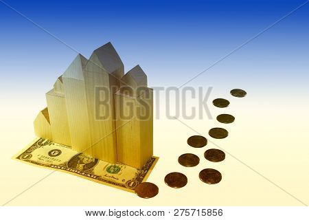Currency Money Dollar On Which Items Are Located, Toy Houses Skyscrapers, Manetes As A Concept Of Th
