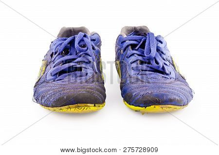 Old Used  Blue Worn Out Futsal Sports Shoes  On White Background Soccer Sportware Object Isolated