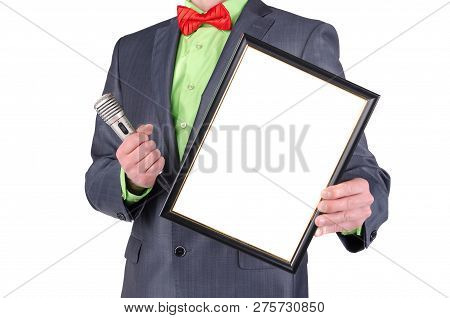Blank Diploma Or Certificate Mockup In A Presenter Hands. Award Ceremony. Product Presentation. Spec