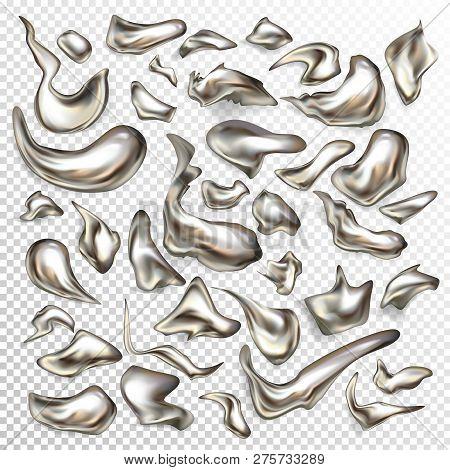 Vector 3d Realistic Set Of Liquid Metal Drops In Abstract Shapes Isolated On Transparent Background.