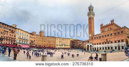 Siena, Italy - October 02, 2018: Panorama Of Piazza Del Campo, Square And Historic Center In Siena