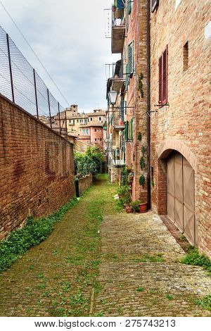 Medieval Narrow Street Vicolo Di Pulcetino In Old City Siena, Tuscany, Italy.