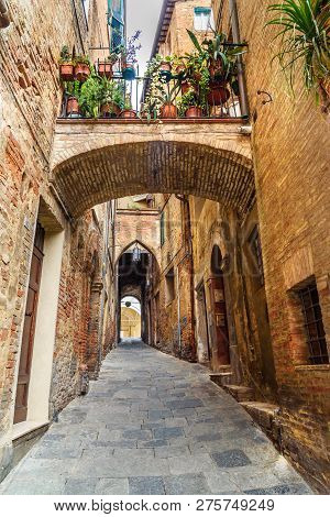 Medieval Narrow Street Vicolo Delle Scotte In Old City Siena. Tuscany, Italy.