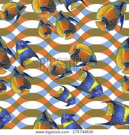 Watercolor Aquatic Underwater Colorful Tropical Fish Illustration Set. Seamless Background Pattern.
