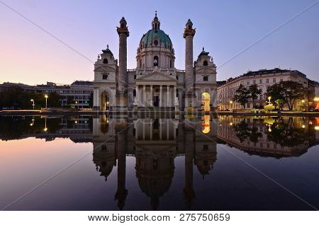The Baroque Style St. Karl Borromäus (commonly Called Karlskirche) At Dawn - Karlsplatz Vienna, Aust