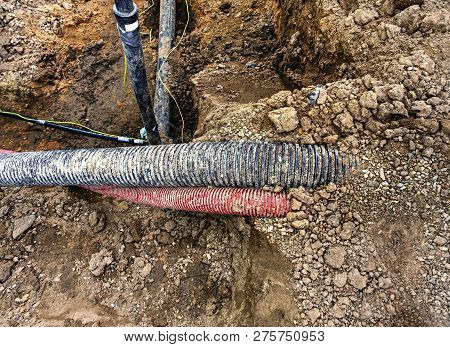 Building Of Crossection Of Water Pipeline And Electric Lines Or Telecommunication Cables Constructio