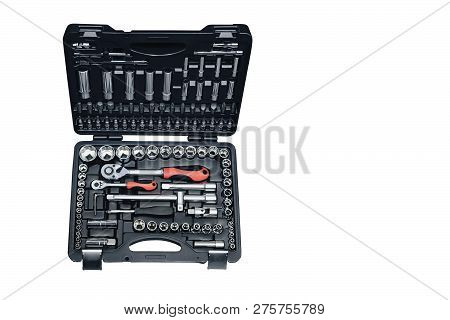 Set Of Chrome Heads And Holders In A Grey Box Isolated On White Background
