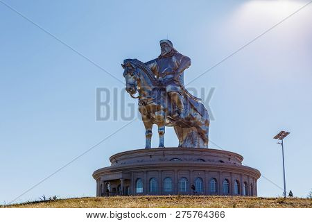 Tsonjin Boldog, Mongolia - September 14, 2018: The Giant Genghis Khan Equestrian Statue Is Part Of T