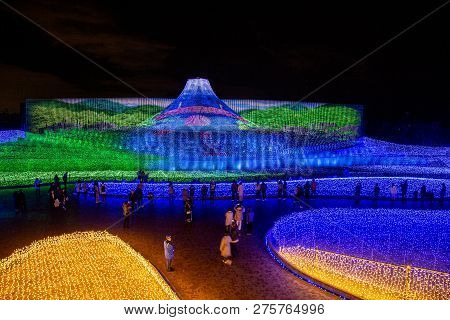 Mie, Japan - December 2018 : The Sea Of Light In Nabana No Sato Garden At Night In Winter, Nagano, J