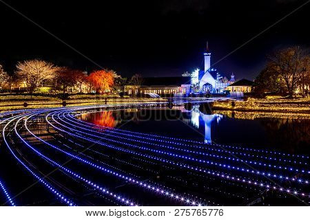Nagoya, Japan - December 2018 : Nabana No Sato Garden At Night With Light Illumination In Nagashima,