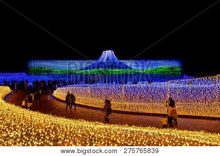 Mie, Japan - December 2018 : The Sea Of Light In Nabana No Sato Garden At Night In Winter, Nagano, J