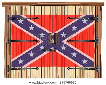 A Large Closed Wooden Barn Double Door With Bolt And Hinges And The Confederate Flag Painted On
