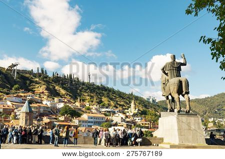 Tbilisi, Georgia - October 06, 2018: View On Old City Landscape From Metekhi Church Plateau And Vakh