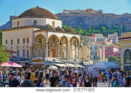 Athens - Greece, October 06 2018, Tourists In Monastiraki Enjoying An Afternoon With The Sun