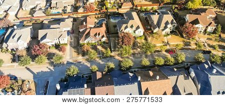 Panoramic Top View New Development Residential Neighborhood In Cedar Hill At Morning Fall Light