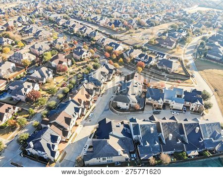 Aerial View New Development Park Side Residential Neighborhood At Morning Fall Light
