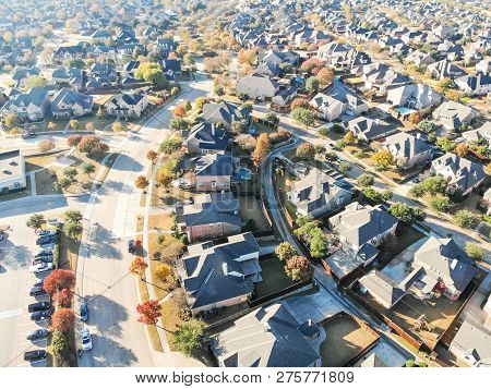 Top View New Development Residential Neighborhood In Cedar Hill At Morning Fall Light