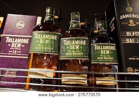 Kyiv, Ukraine - December 19, 2018: Bottles Of Tullamore Dew On Shelves In A Supermarket. Tullamore D