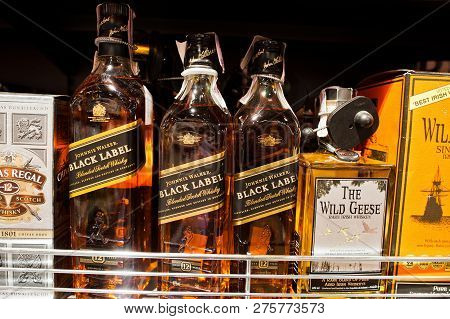 Kyiv, Ukraine - December 19, 2018: Bottles Of Black Label On Shelves In A Supermarket. Johnnie Walke