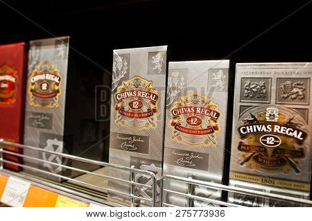 Kyiv, Ukraine - December 19, 2018: Boxes Of Chivas Regal On Shelves In A Supermarket. Chivas Regal I