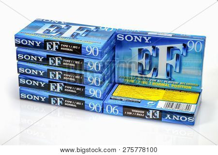 Prague, Czech Republic - November 29, 2018: Stock Of Audio Compact Cassettes Sony Ef 90. Audio Casse