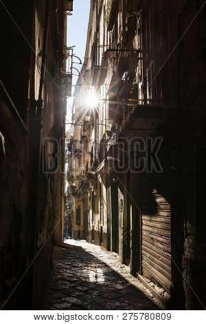 Narrow street view in Naples old town, italy.