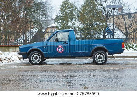 Retro Blu Volkswagen Mk1 Caddy Rabbit At Street,. Made In Germany 1970. Urban Travel Photo 2018.