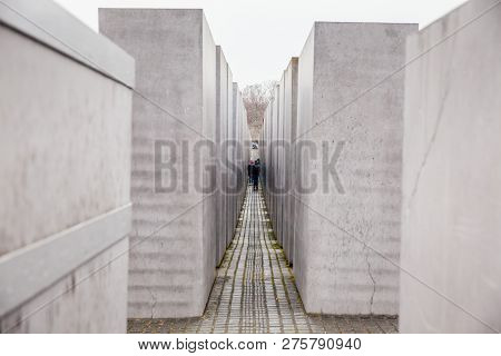 Berlin, Germany - March, 2018: Memorial To The Murdered Jews Of Europe In A Cold And Rainy End Of Wi
