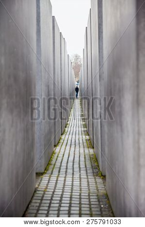 Berlin, Germany - March, 2018: Memorial To The Murdered Jews Of Europe In A Cold And Rainy End Of Wi