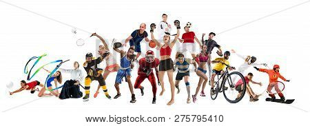 Attack. Sport Collage About Kickboxing, Soccer, American Football, Basketball, Ice Hockey, Badminton