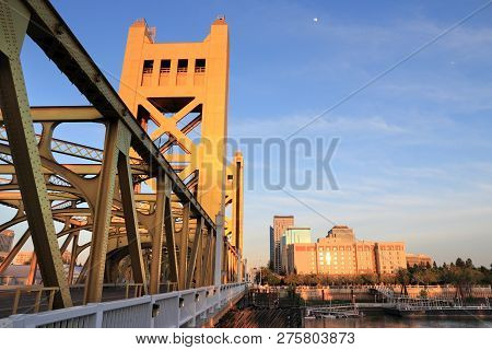 City Skyline Of Sacramento, California, Usa. Tower Bridge Sunset.