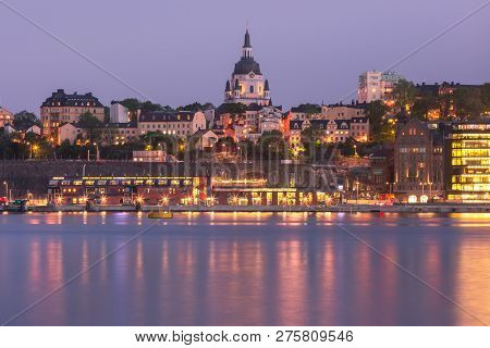 Sodermalm Waterfront With Church Of Catherine In The Old Town At Night In Stockholm , Capital Of Swe