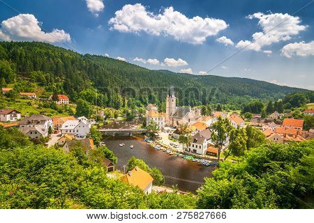 View Of The Rozmberk Nad Vltavou Town With A Rafting On Vltava River, Czech Republic, Europe.