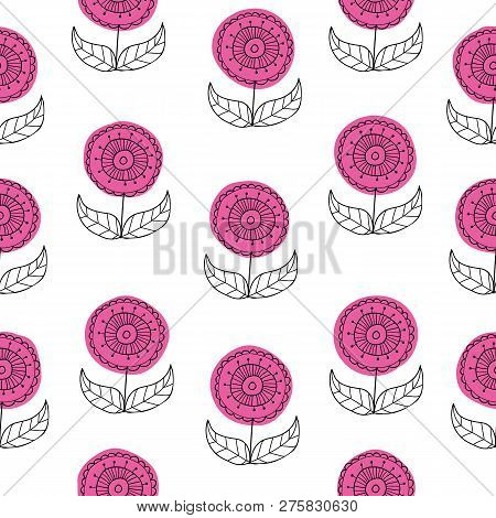 Vector Seamless Patttern Background Set Of Beautiful Hand Drawn Flowers In Retro Style. Floral Drawi