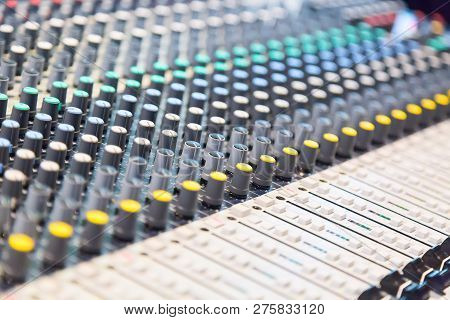 Audio Sound Mixer Console With Buttons And Sliders. Selective Focus