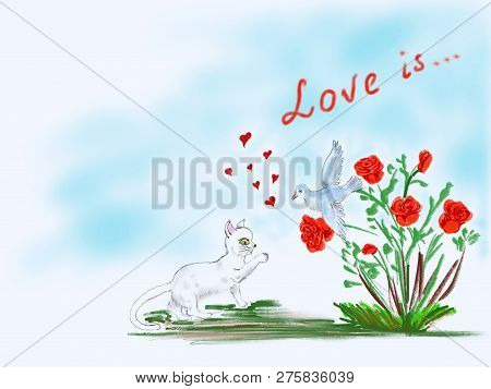 The Cute White Cat Plays With The Dove Sitting On The Red Roses Bush. Digital  Hand Drawn