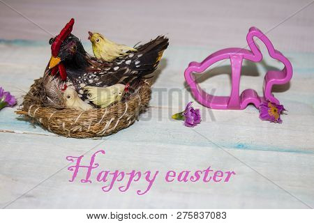 Easter Eggs On A White Wooden Background. Chicken And Easter Eggs. Pink Rabbit. Easter Background. E