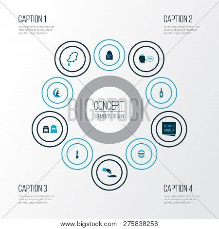 Religion Icons Colored Set With Menu, Lantern, People And Other Mussulmans Elements. Isolated  Illus