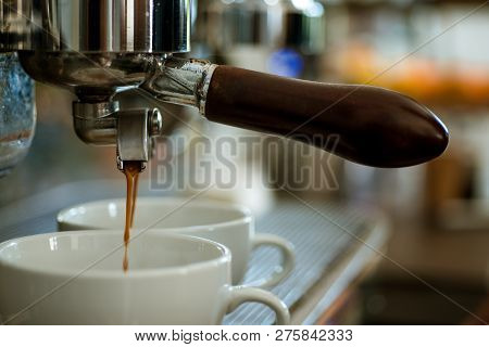 Coffee With Various Options. Small Cups To Serve Hot Drink. Brewing Coffee With Espresso Machine. Ma