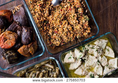 Turkish Food With Olive Oil Kisir, Dolma, Artichoke, Broad Beans And Carrot Salad With Yogurt. Tradi