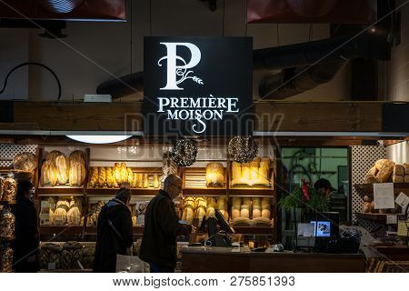 Montreal, Canada - November 6, 2018: Premiere Moisson Logo In Front Of A Local Bakery Of Montreal, Q