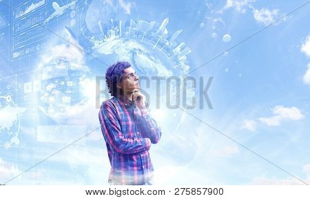 Pensive hipster guy. Mixed media