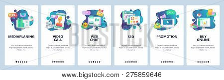 Web Site Onboarding Screens. Social Media, Online Chat, Video Call, Seo And Marketing Promotion, Onl