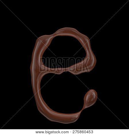 Letter e from chocolate droplets. Isolated on black background. 3d rendering.