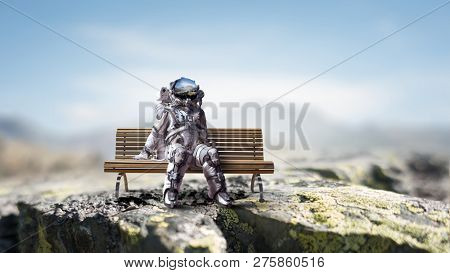 Rocketman on bench. Mixed media