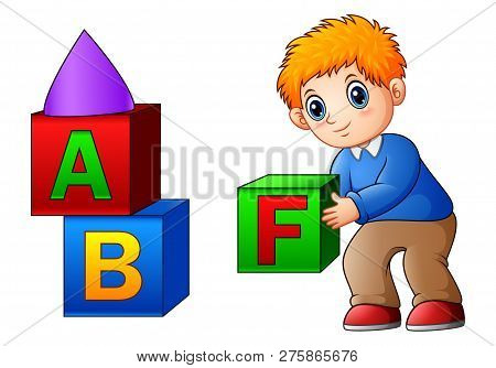 Cartoon Cute Boy Playing With Alphabet Cubes