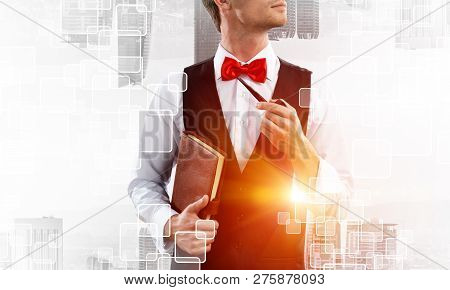 Confident And Young Businessman In Smart-casual Wear Smoking Pipe And Modern Cityscape With Business