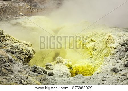 Steaming, Sulfuric, Active Fumaroles Near Volcano Mutnovsky, Kamchatka Peninsula, Russia